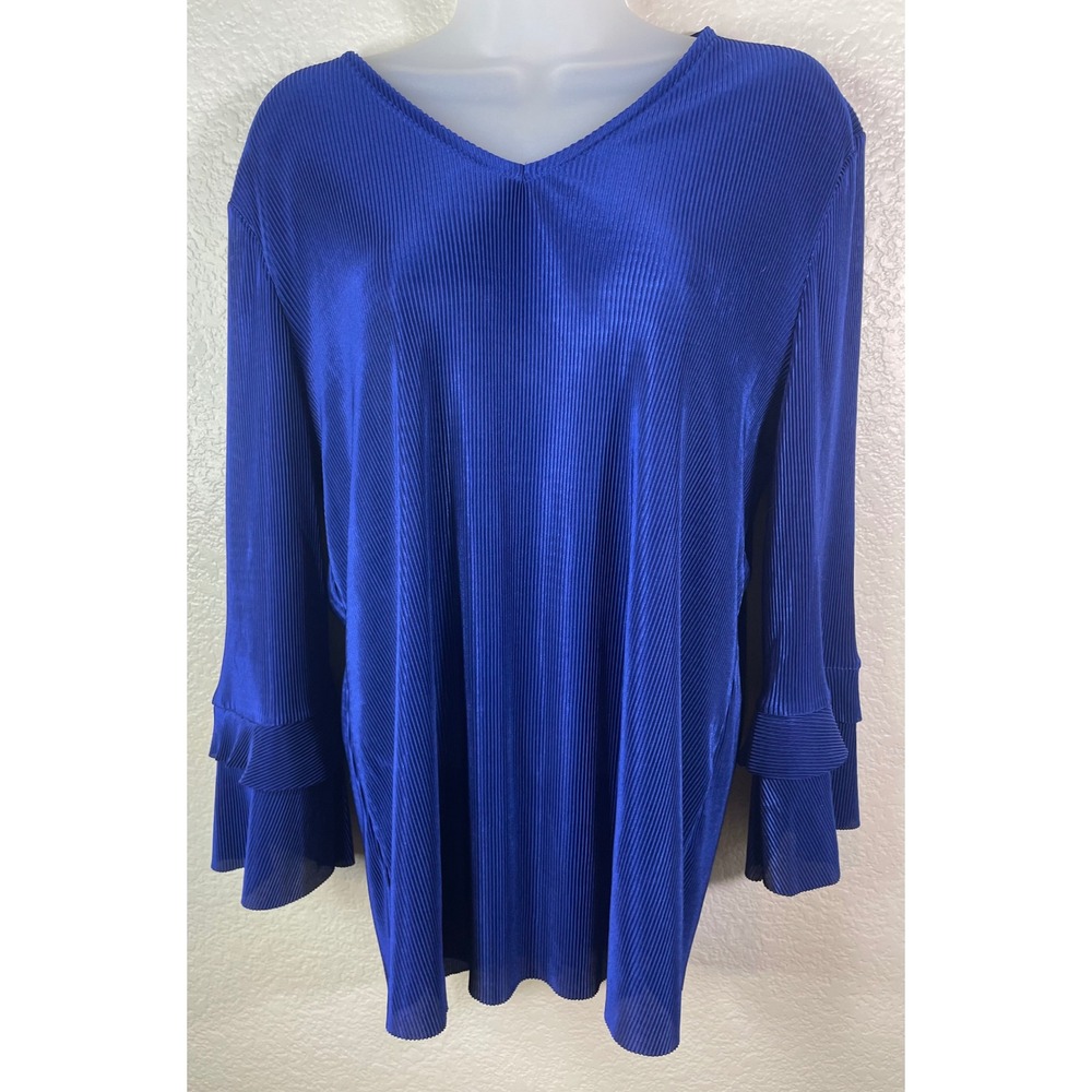 Chicos 2 US Large Tunic Top Royal Blue Pleated V Neck Ruffle Cuff Blouse Career